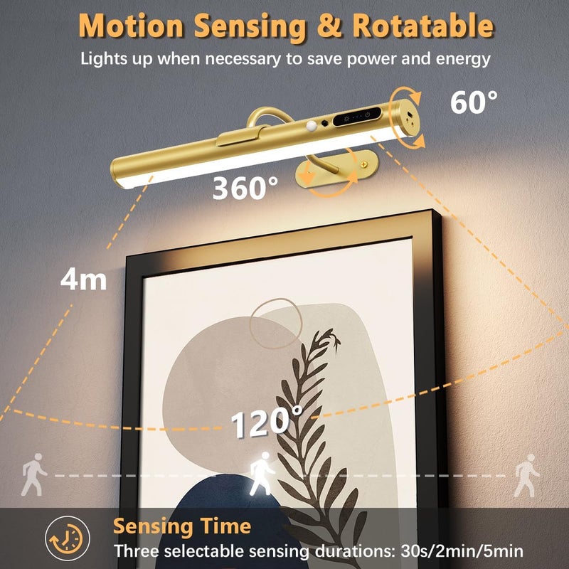 Hapfish Motion Sensor Battery Operated Wall Sconce, Wireless Picture Lights for Wall, Rechargeable Magnetic Art Lighting with Remote Control, Battery Picture Light for Poster Dartboard Mirror – Gold - Image 4